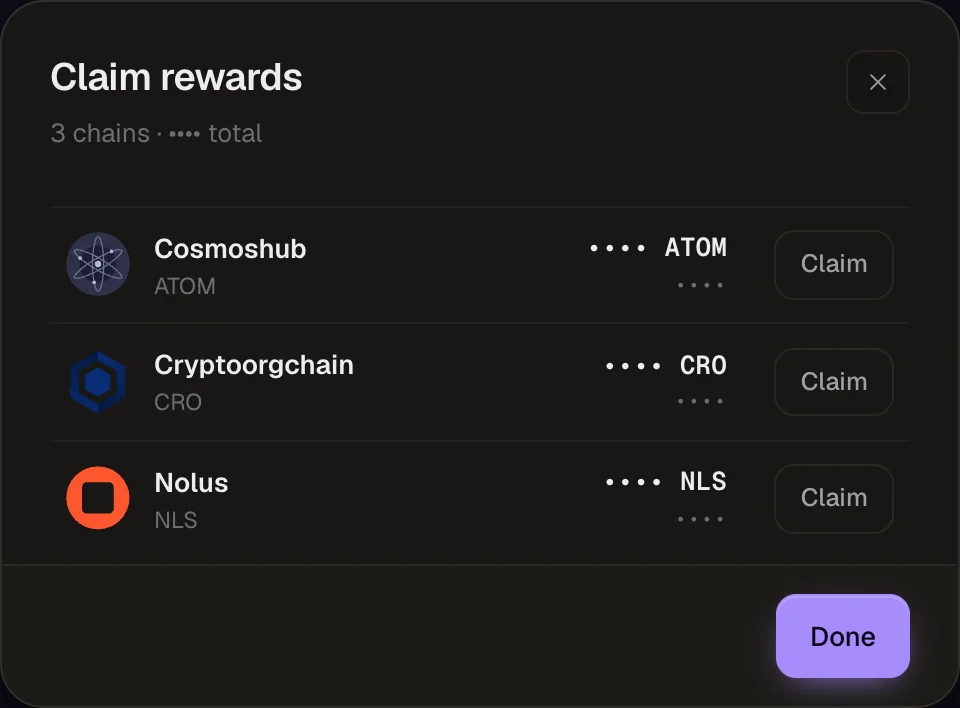 The Claim rewards dialog with one Claim button per chain