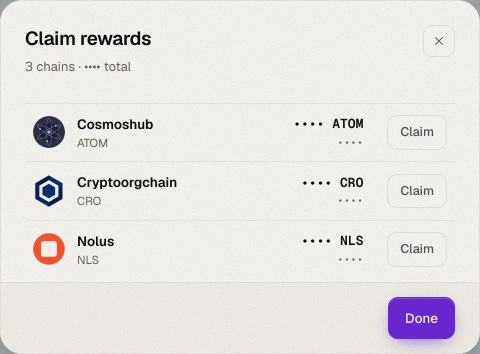 The Claim rewards dialog with one Claim button per chain