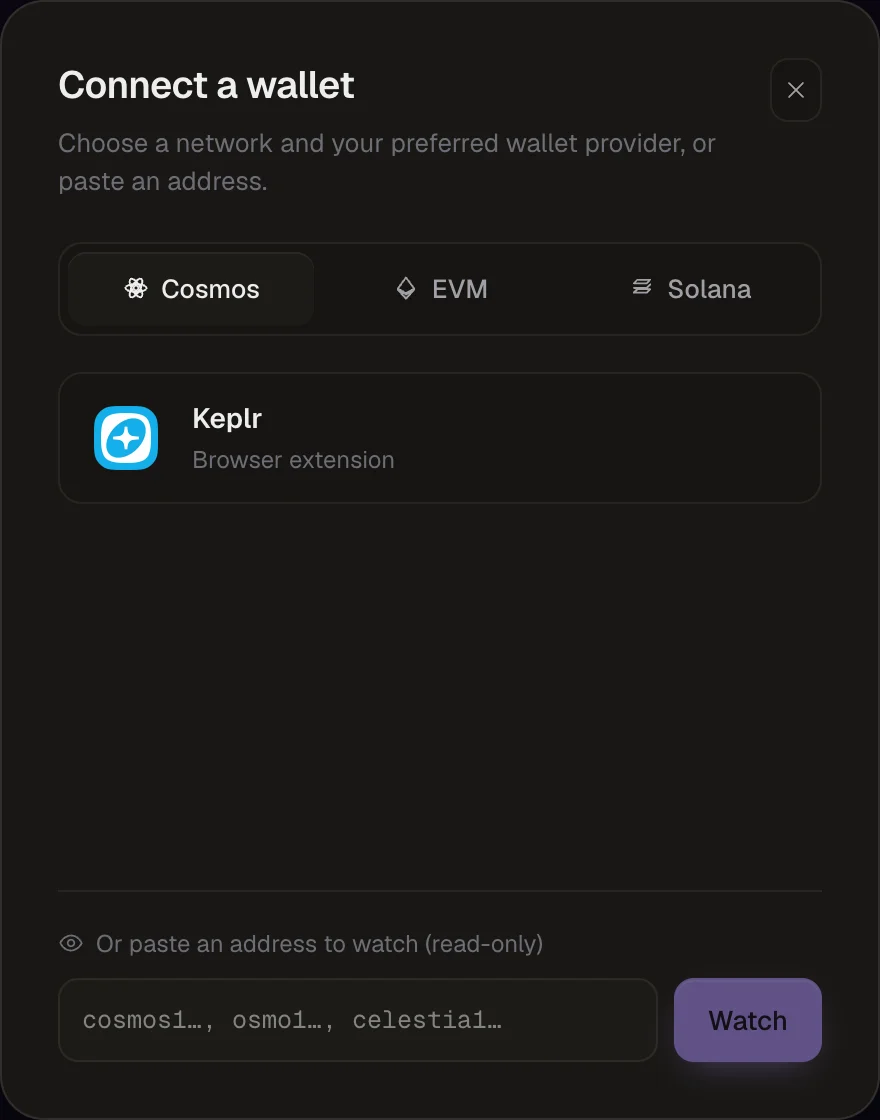 The connect dialog with Keplr detected on the Cosmos tab