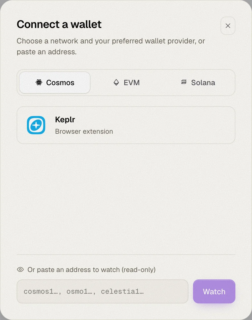 The connect dialog with Keplr detected on the Cosmos tab