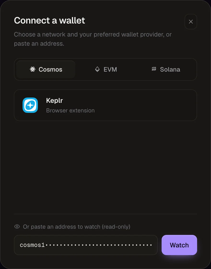 The connect dialog with a Cosmos address pasted in the watch field