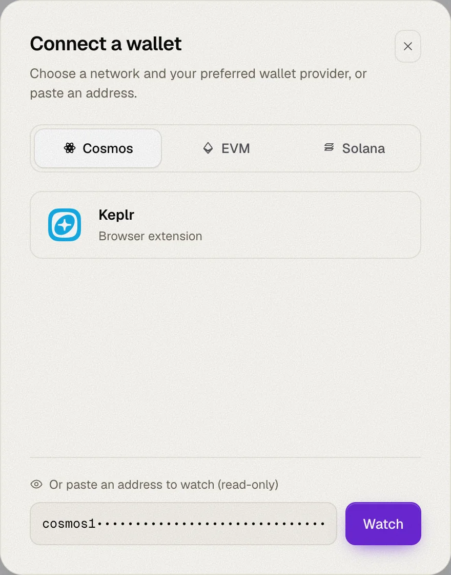 The connect dialog with a Cosmos address pasted in the watch field