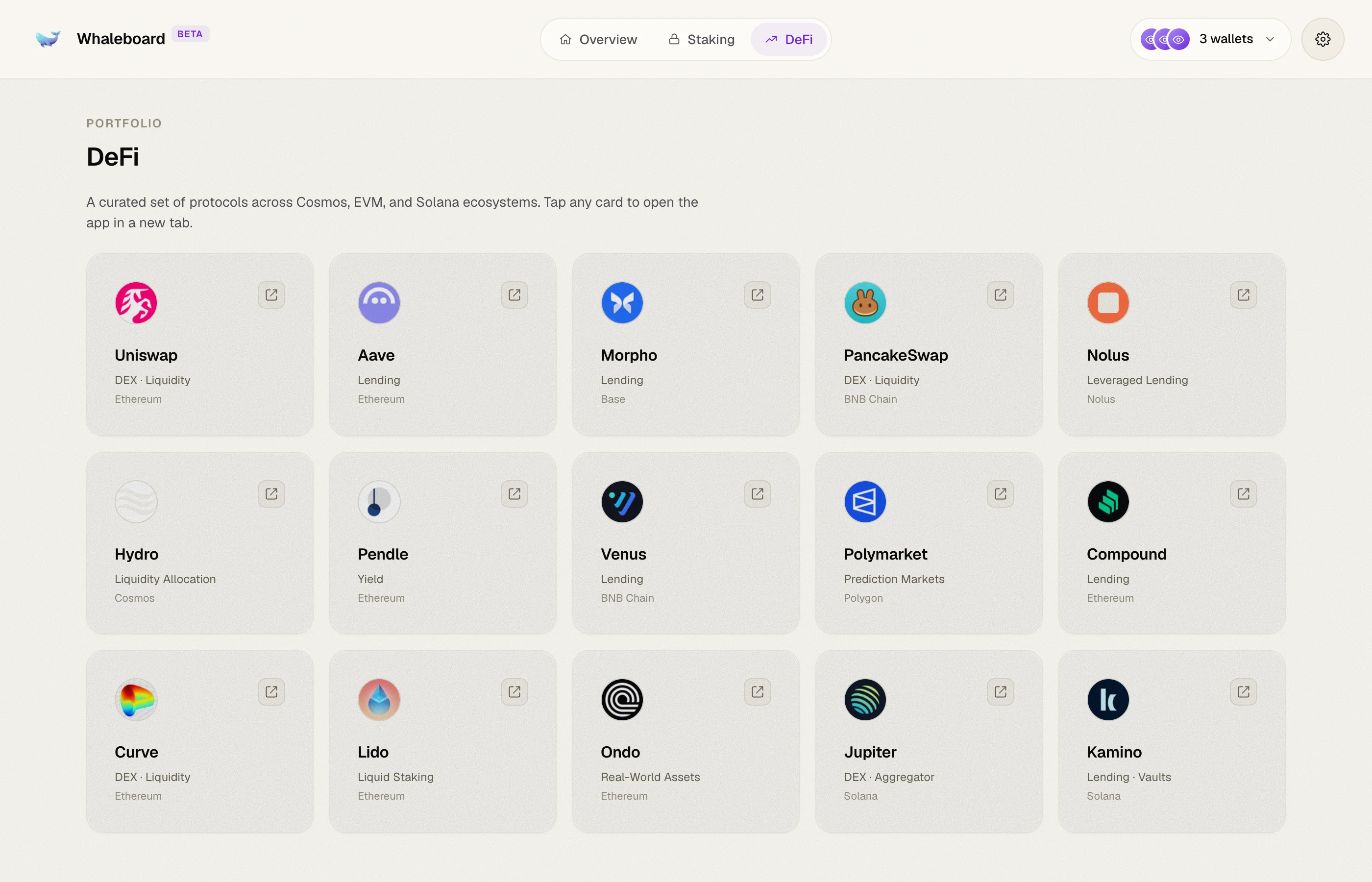 The DeFi tab with protocol cards