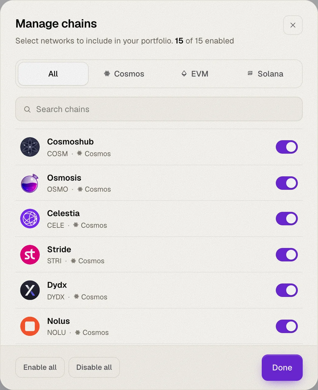 The Manage chains dialog