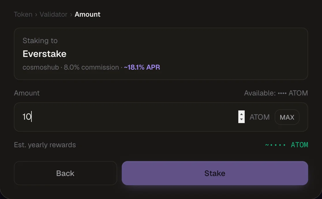 The amount step: staking 10 ATOM to Everstake with estimated yearly rewards