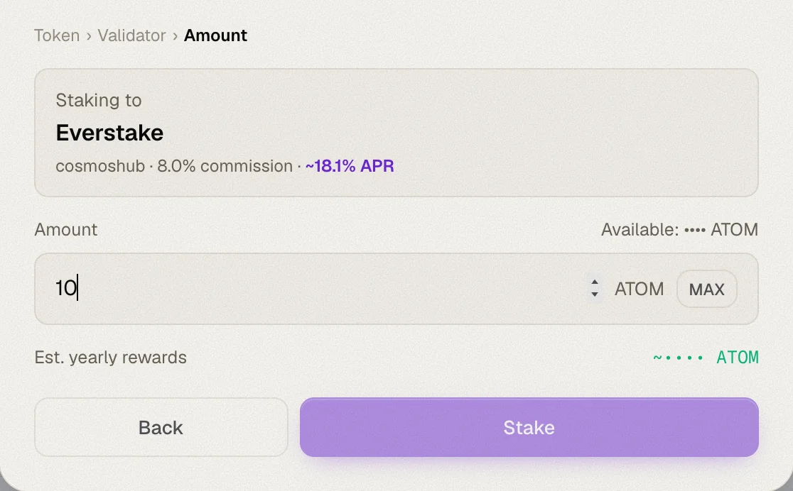 The amount step: staking 10 ATOM to Everstake with estimated yearly rewards