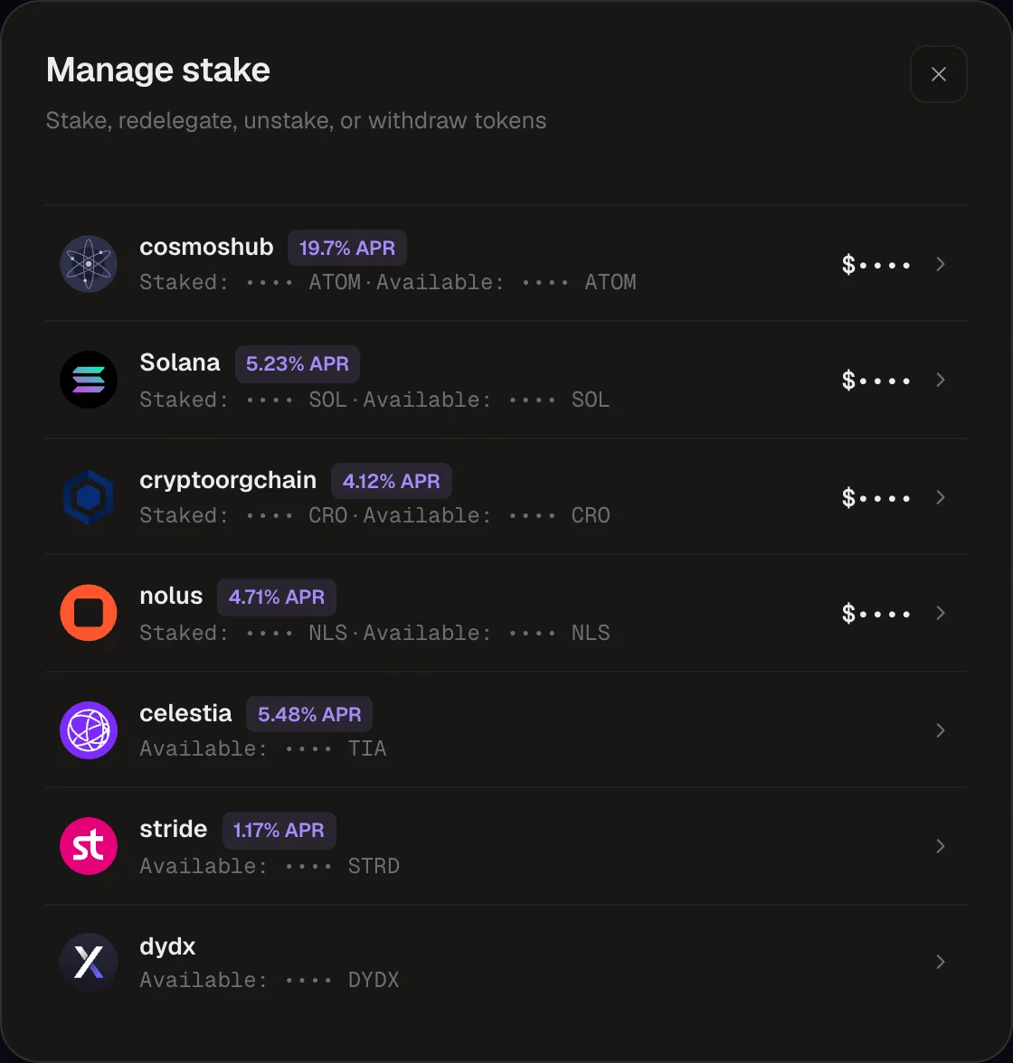 The Manage stake dialog listing chains with staked and available amounts