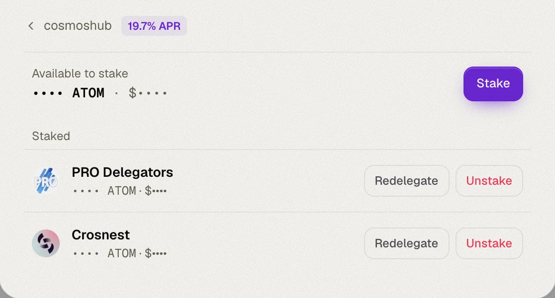 Cosmos Hub in the Manage stake dialog, with Stake, Redelegate and Unstake buttons