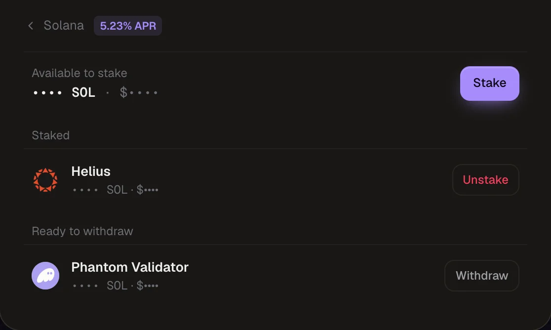 Solana in the Manage stake dialog with staked and ready-to-withdraw stake accounts