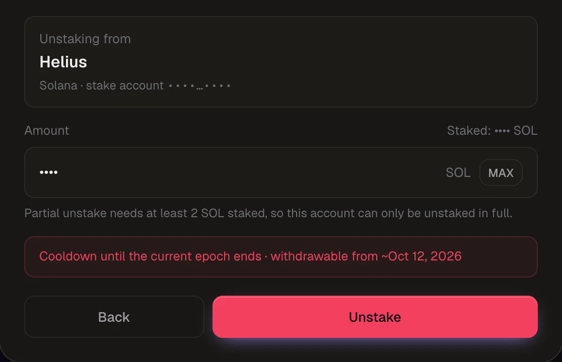 Unstaking a Solana stake account, withdrawable once the current epoch ends