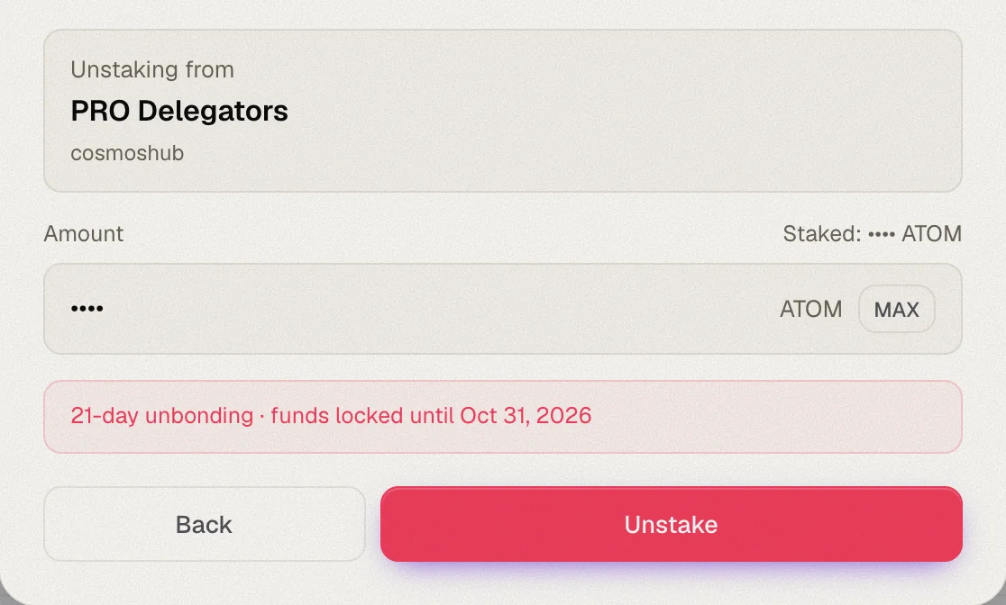 Unstaking from a Cosmos validator, with the unbonding period and unlock date
