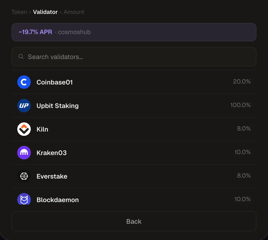 The validator picker with commission per validator