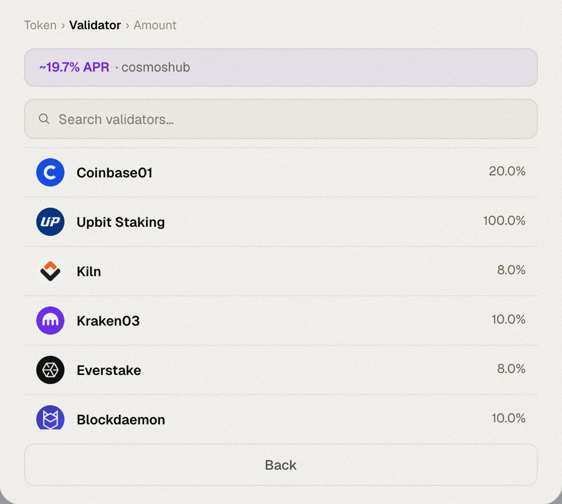 The validator picker with commission per validator