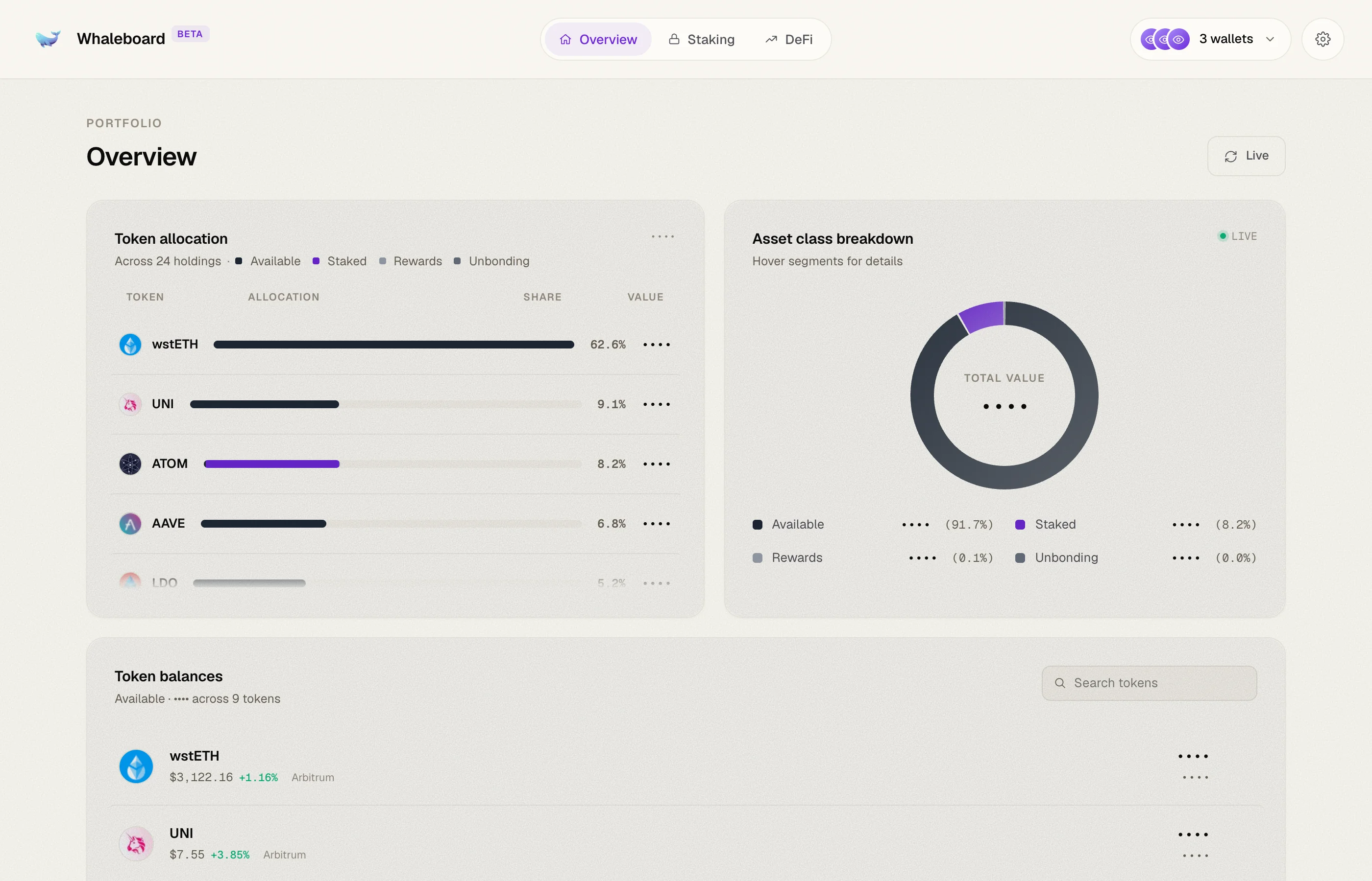 The Overview tab with token allocation and asset class breakdown