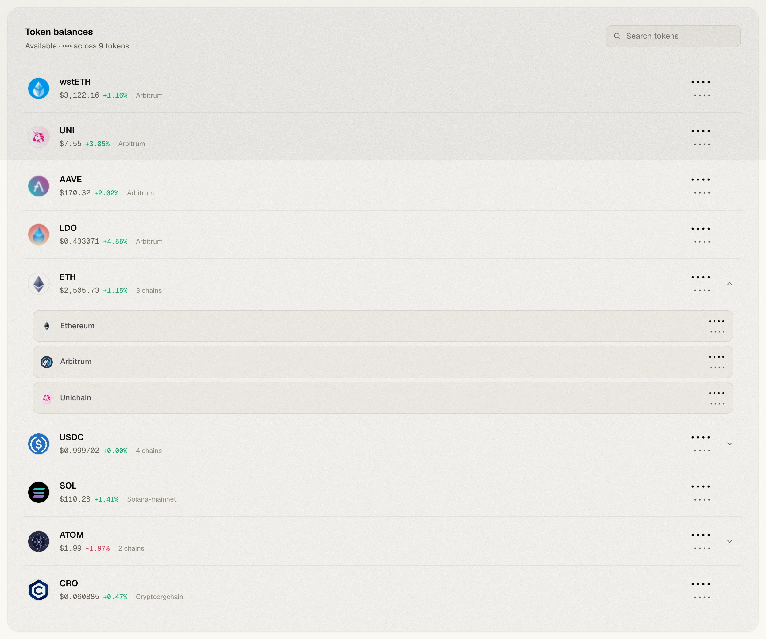 Token balances with ETH expanded to show Ethereum, Arbitrum and Unichain
