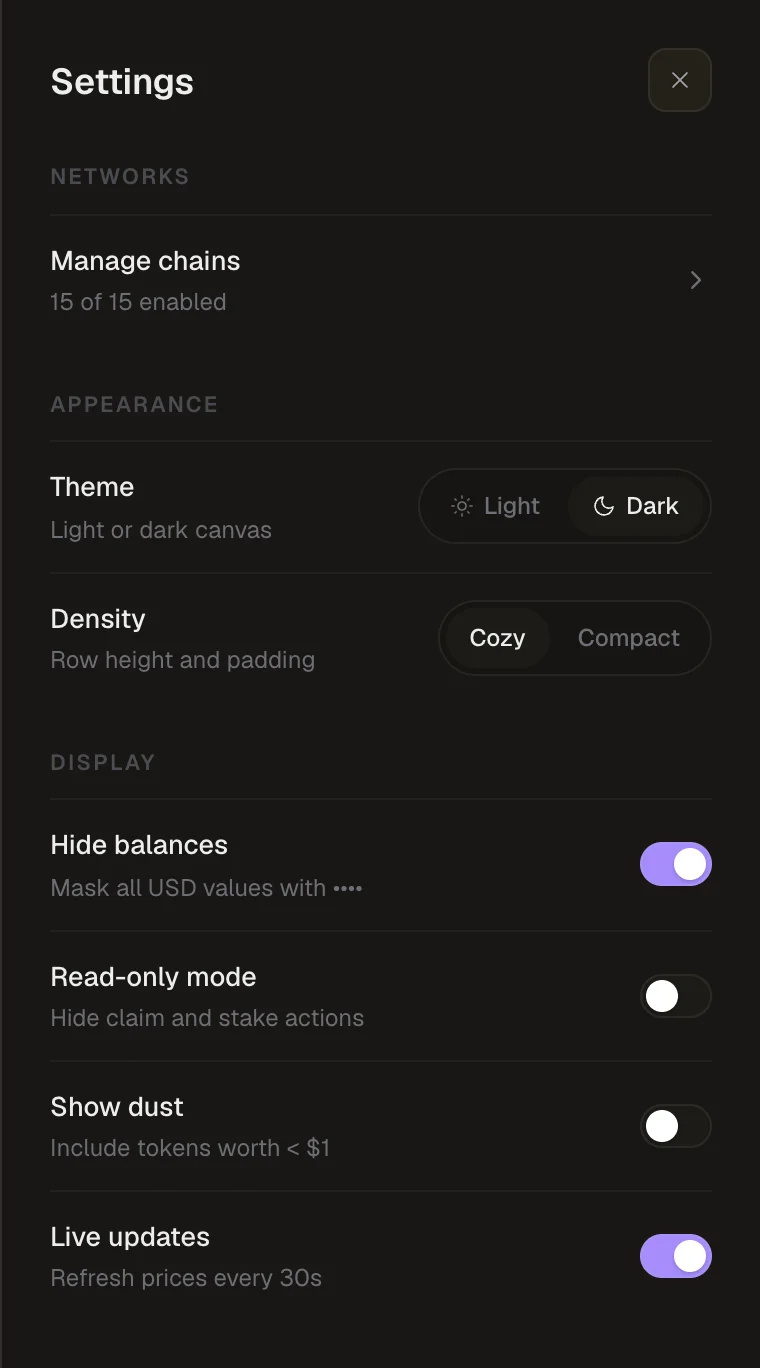 The Settings panel