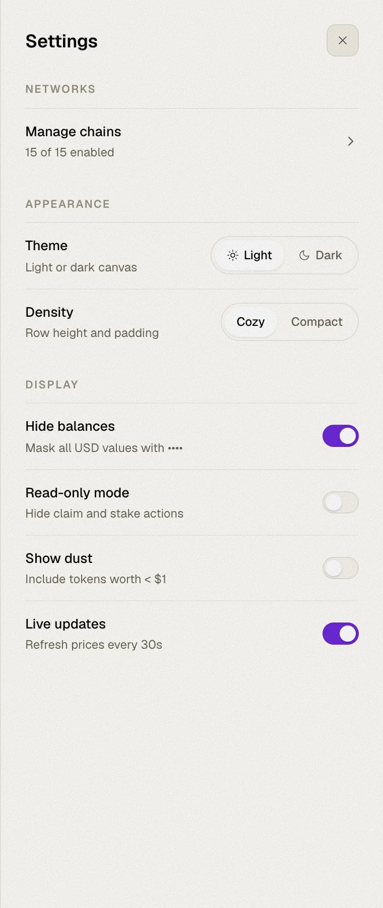 The Settings panel