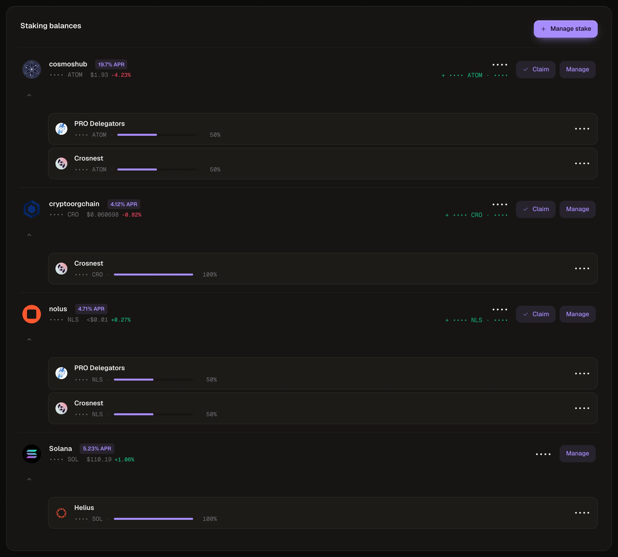 Staking balances with Cosmos Hub, Crypto.org, Nolus and Solana cards expanded to their validators