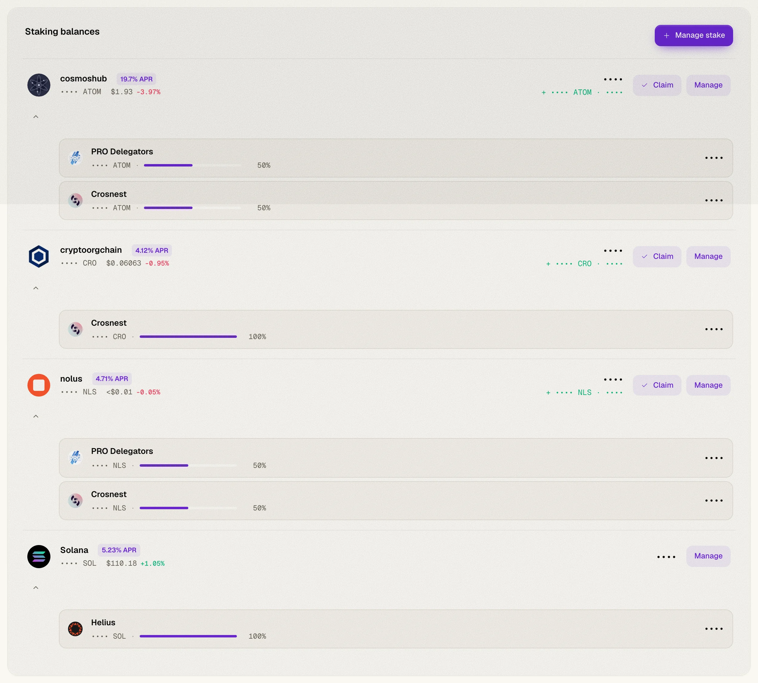 Staking balances with Cosmos Hub, Crypto.org, Nolus and Solana cards expanded to their validators