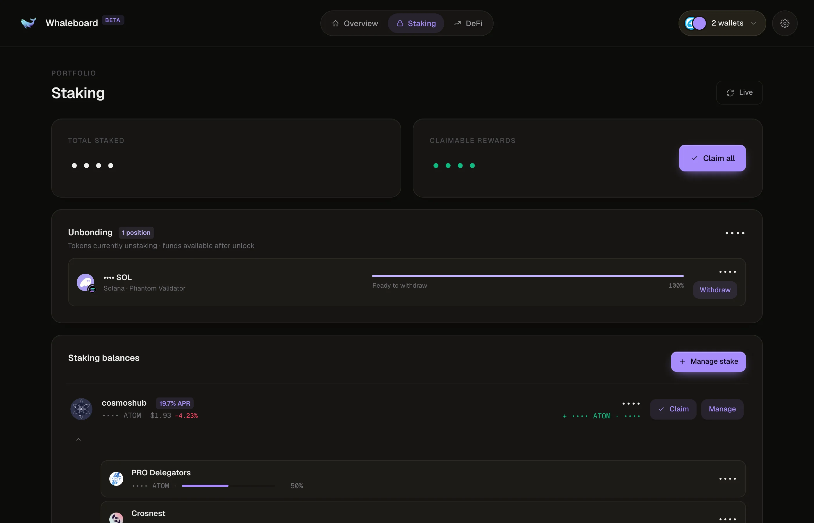 The Staking tab with total staked, claimable rewards and per-chain staking balances
