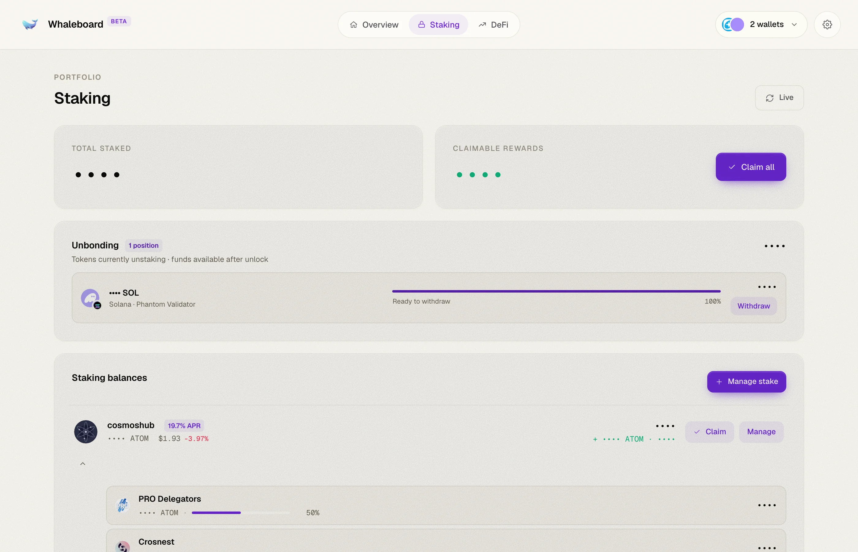 The Staking tab with total staked, claimable rewards and per-chain staking balances
