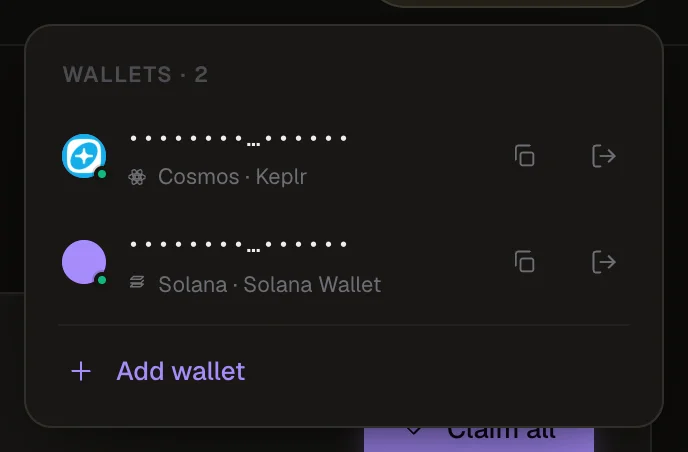 The wallet menu with a Cosmos and a Solana wallet connected, and an Add wallet button